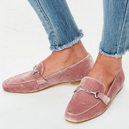 Pink Velvet Square Toe Horsebit Flats Women's Loafers