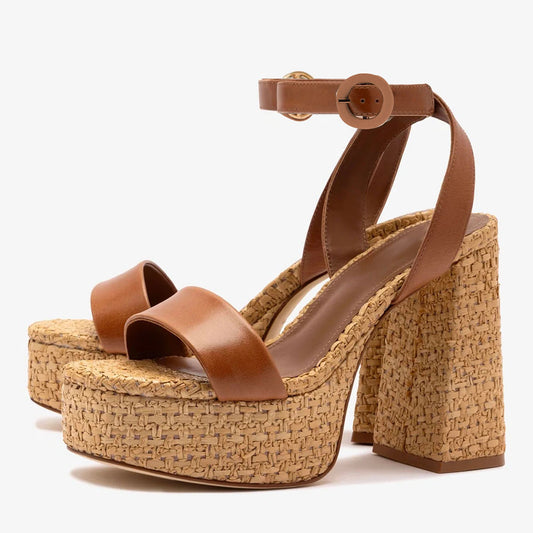 Brown Open Round Toe Woven Details Platform Strap Heels Sandals
