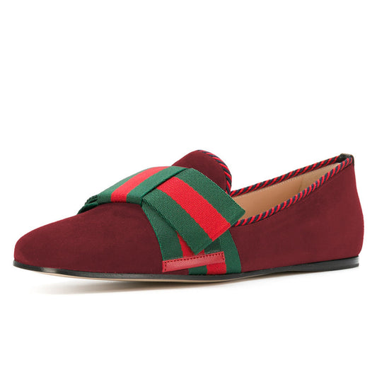 Maroon Square Toe Red & Green Striped Strap Flat Women's Loafers