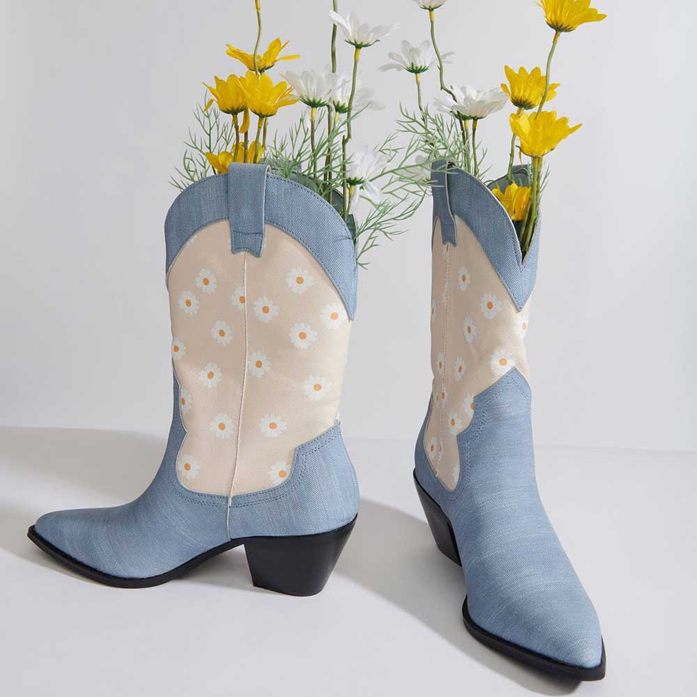 Blue & Nude Denim Pointed Toe Daisy Mid Calf Boots with Chunky Heels