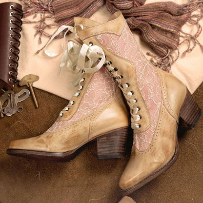 Tan & Pink Lace Patchwork Ribbon Almond Toe Chunky Heel Mid Calf Boots