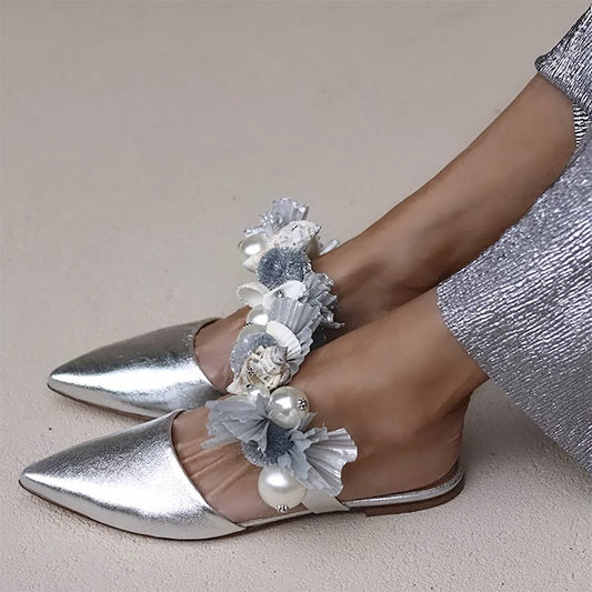 Silver Pointy Toe Flats Bridal Shoes Women's Party Mules