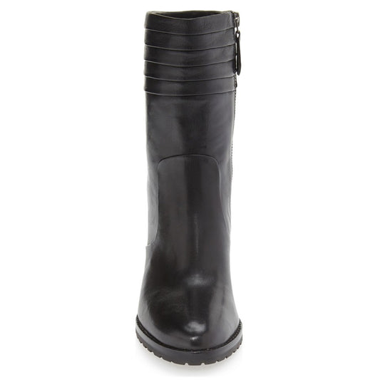 Black Chunky Heel Pleated Detail Side Zipper Mid-Calf Boots