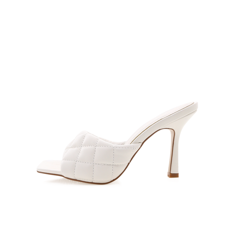 White Quilted Square Toe High Heel Mules for Women
