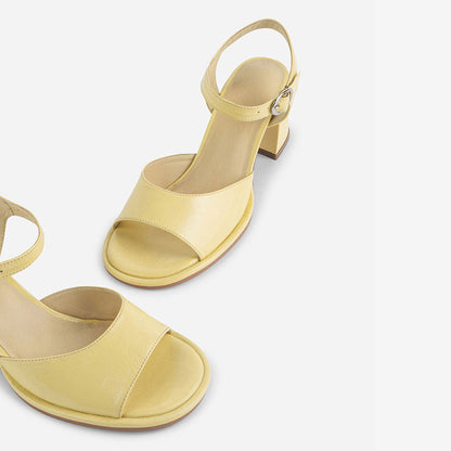 Yellow Open-Toe Ankle Strap Vegan Leather Block Heel Sandals