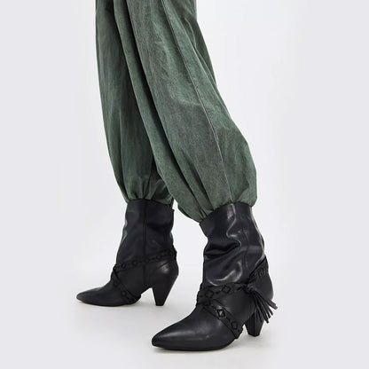 Black Pointed Toe Stitching Strap Western Ankle Boots for Women