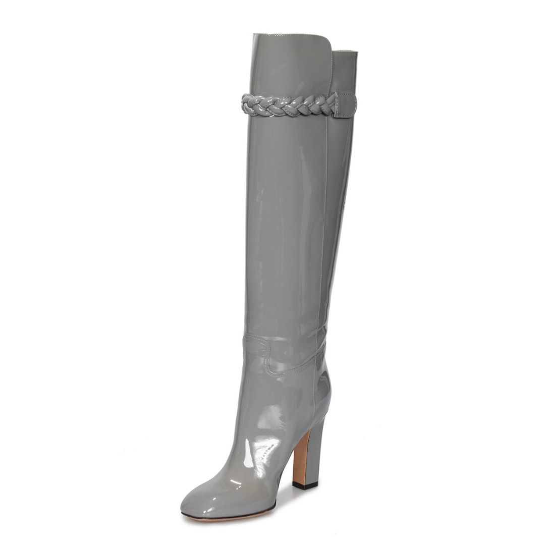 Grey Patent Leather Square Toe Knee High Boots with Block Heels