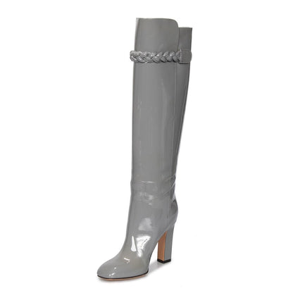 Grey Patent Leather Square Toe Knee High Boots with Block Heels