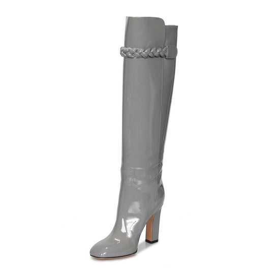 Grey Patent Leather Square Toe Knee High Boots with Block Heels