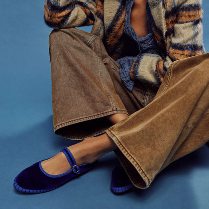 Blue Velvet Round Toe Buckle Strap Mary Jane Flats
