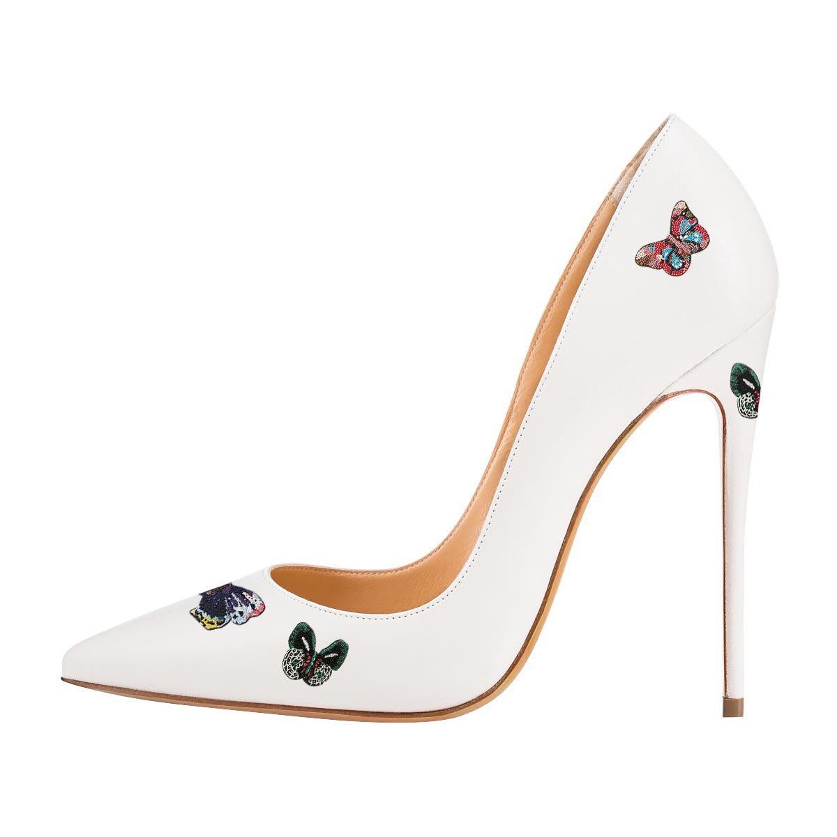 Women's Pointed Toe Stiletto Heel Butterfly Pattern White Pumps