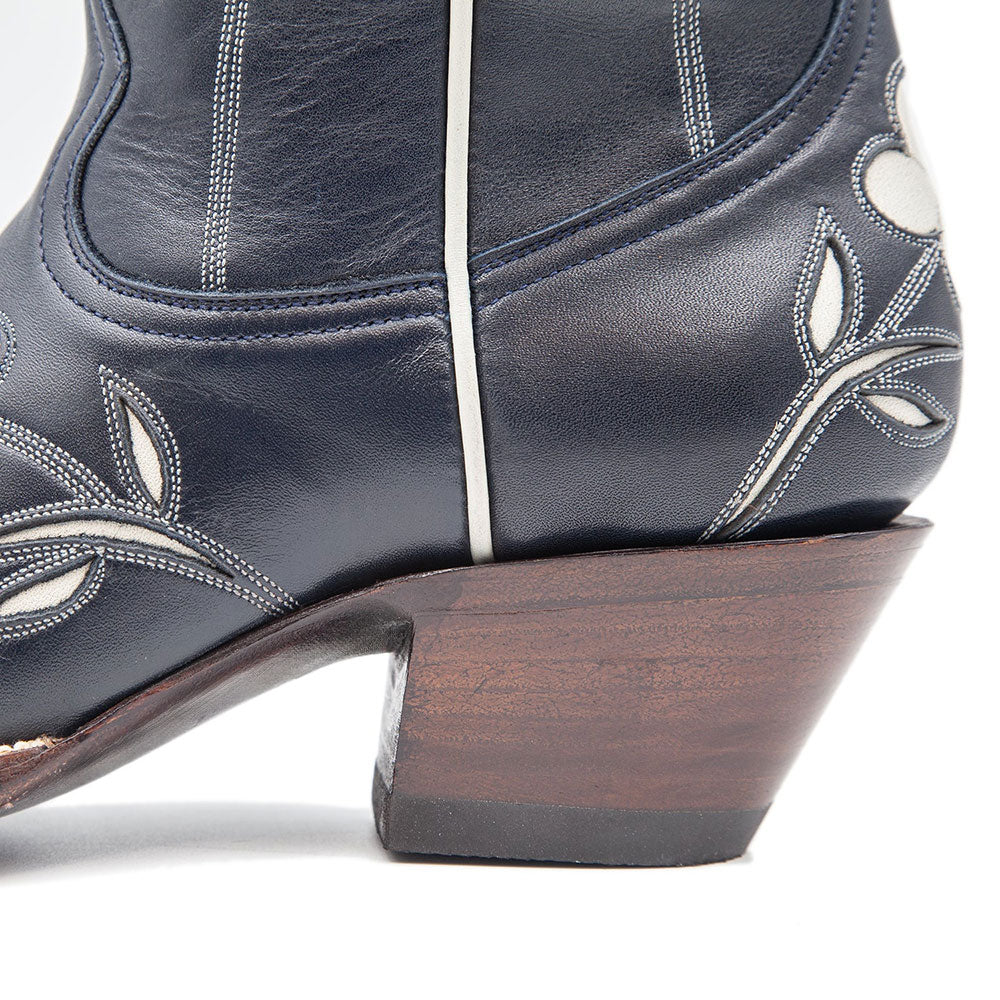 Navy Pointed Toe Stitching Flower Knee High Cowboy Boots for Women