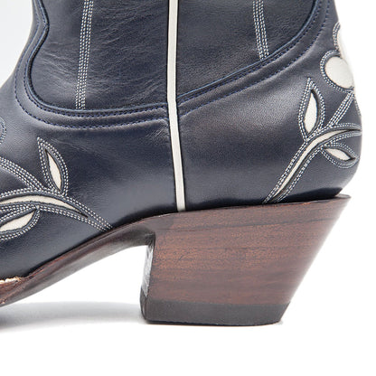 Navy Pointed Toe Stitching Flower Knee High Cowboy Boots for Women