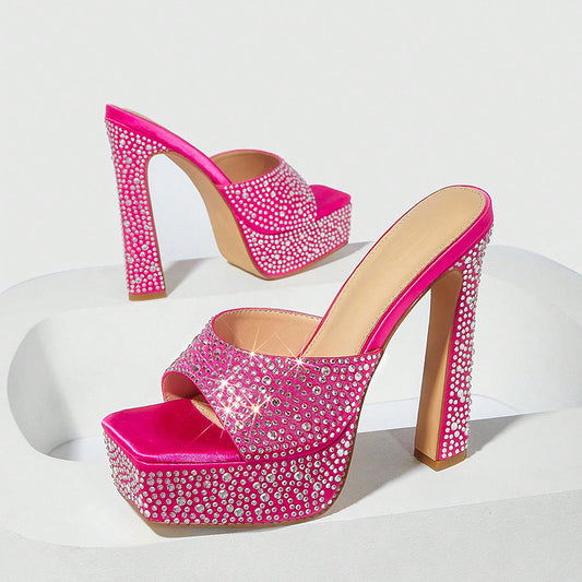 Hot Pink Satin Square Toe Platform Mules Heeled Rhinestone Sandals