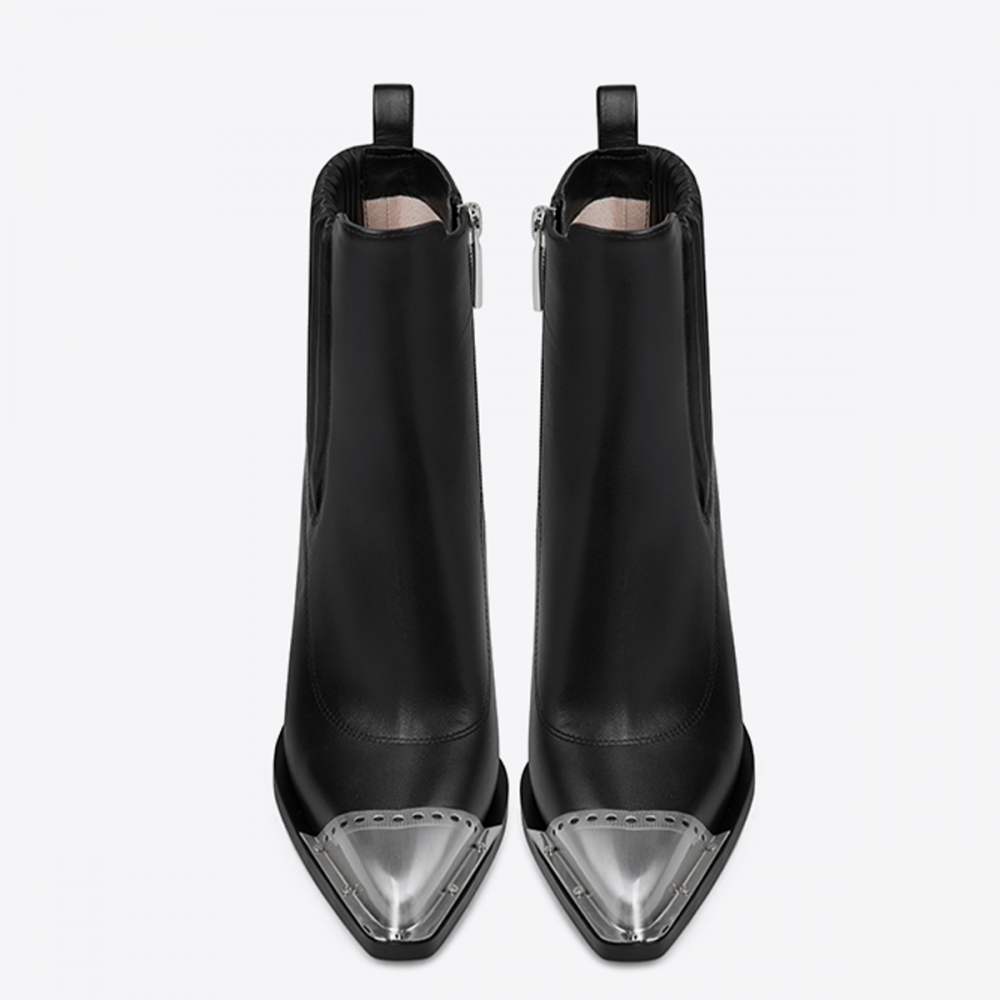 Women's Black Chunky Heel Silver Cap Toe Side Zip Ankle Boots