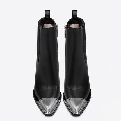 Women's Black Chunky Heel Silver Cap Toe Side Zip Ankle Boots