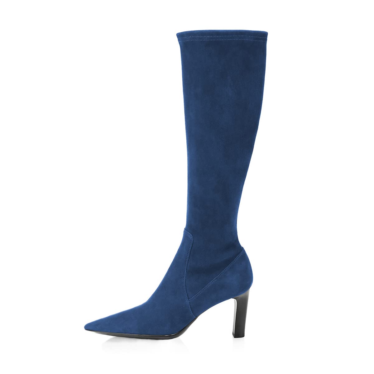 Blue Faux Suede Pointed Toe Stretch Chunky Heel Knee High Boots