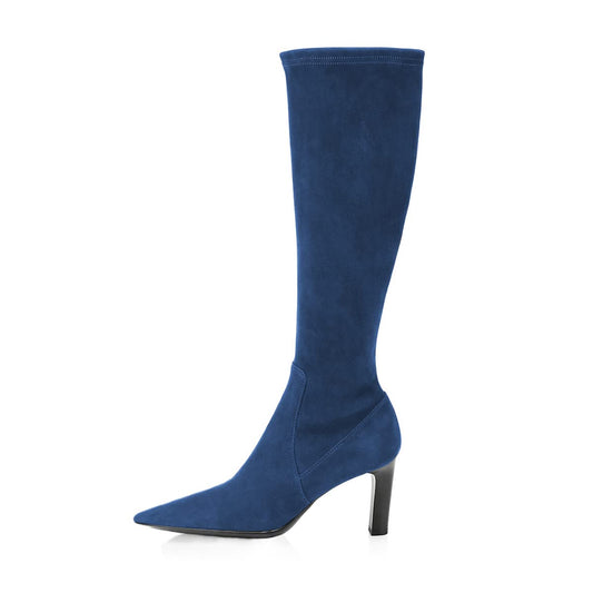Blue Faux Suede Pointed Toe Stretch Chunky Heel Knee High Boots