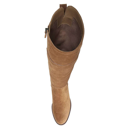 Tan Vegan Suede Round Toe Flat Knee High Boots with Zip