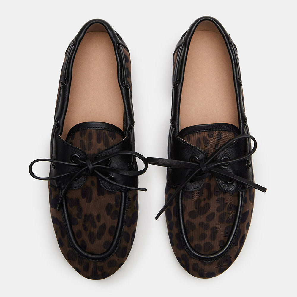 Fashion Lace Up Round Toe Brown Women's Loafer Leopard Flats
