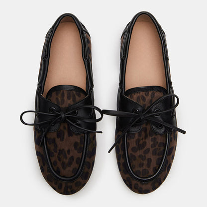 Fashion Lace Up Round Toe Brown Women's Loafer Leopard Flats