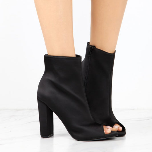 Women's Classic Black Chunky Heel Peep Toe Ankle Boots with Zipper