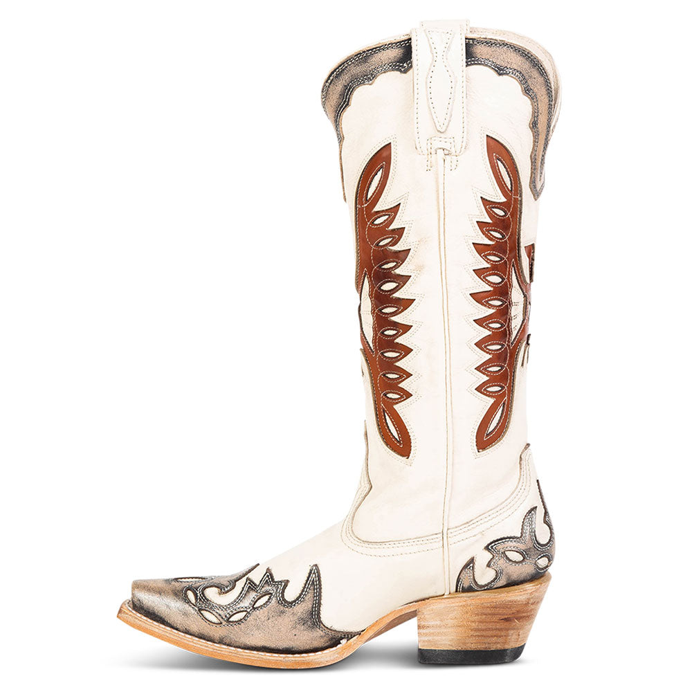 White & Brown Patchwork Snip Toe Chunky Heel Western Knee High Boots