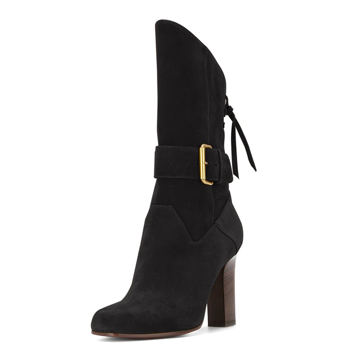 Black Vegan Suede Square Toe Back Lace Up Chunky Heel Mid Calf Boots