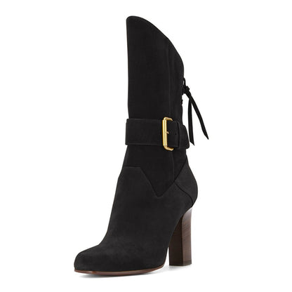 Black Vegan Suede Square Toe Back Lace Up Chunky Heel Mid Calf Boots