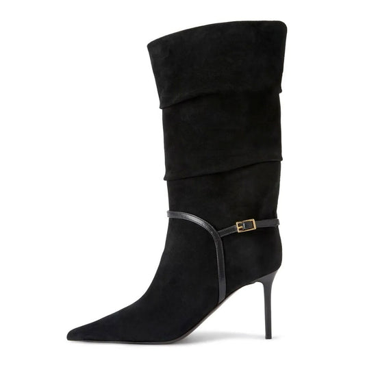 Black Pointed Toe Pleated Buckle Strap Vegan Suede Mid Calf Boots