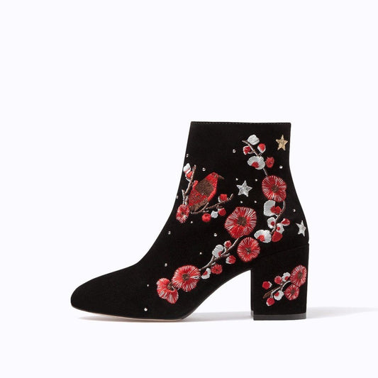 Black and Red Floral Vegan Suede Block Heel Ankle Boots