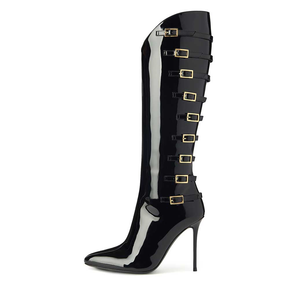Black Patent Leather Buckle Strappy Stiletto Heel Knee High Boots