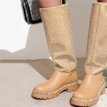 FSJ Nude Round Toe Rhinestone Mesh Chunky Heel Knee High Boots