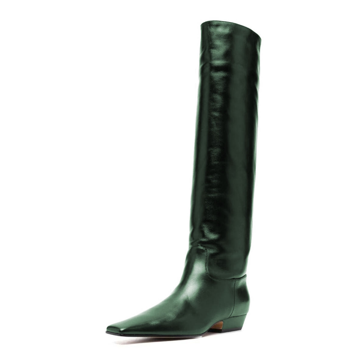 Green Pull-On Chunky Heel Knee High Boots for Women with Square Toe