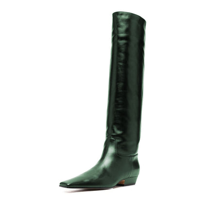 Green Pull-On Chunky Heel Knee High Boots for Women with Square Toe