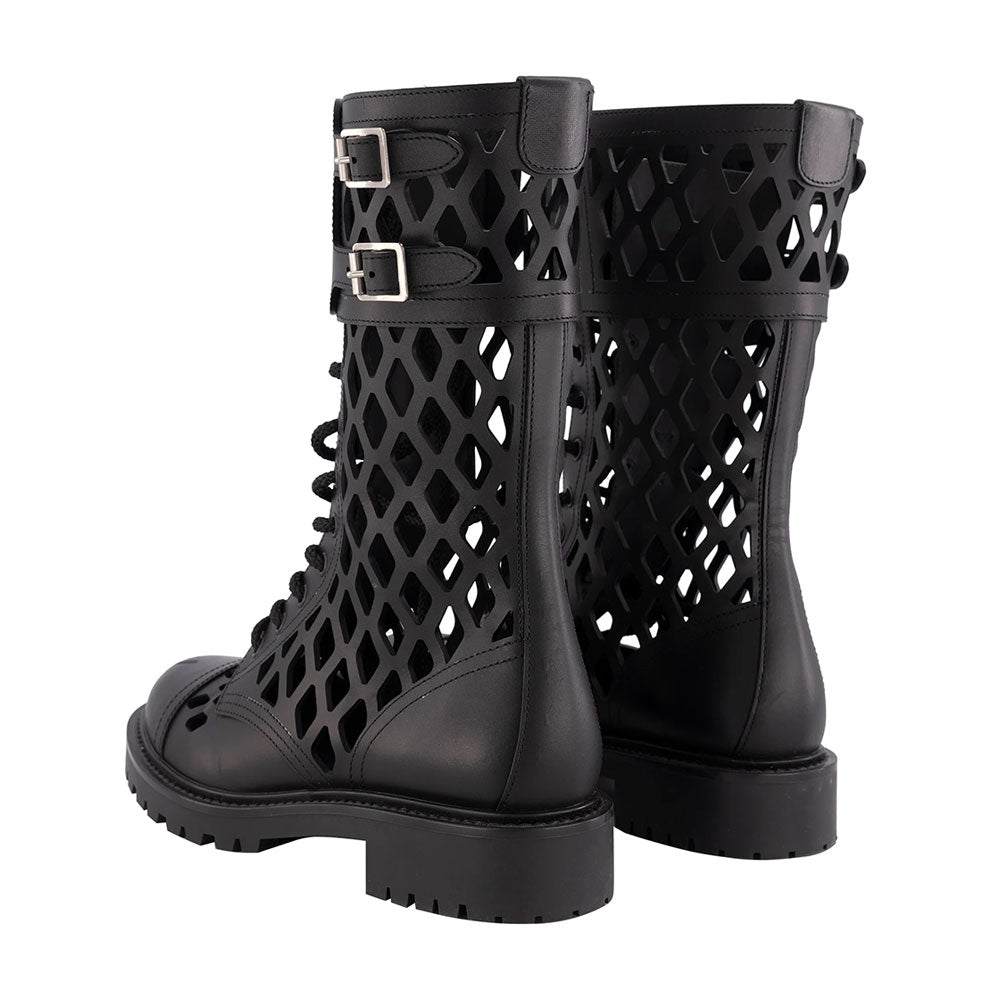 Black Buckle Lace-Up Hollow Out Round Toe Mid Calf Boots
