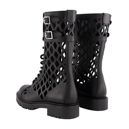 Black Buckle Lace-Up Hollow Out Round Toe Mid Calf Boots