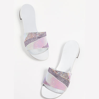 Silver Rhinestones Sequin Flats Slide Sandals for Women