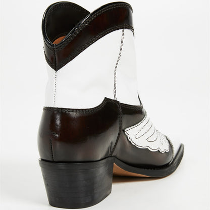 Black and White Block Heels Cowgirl Boots Square Toe Ankle Boots