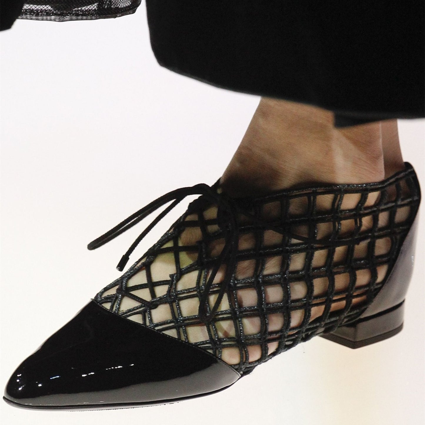 Black Patent Leather & Nets Patchwork Pointed Toe Lace Up Flats