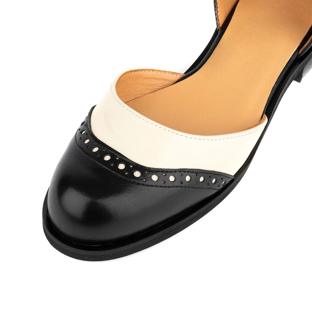 Black and Ivory Round Toe Perforated Ankle Strap Mary Jane Flats