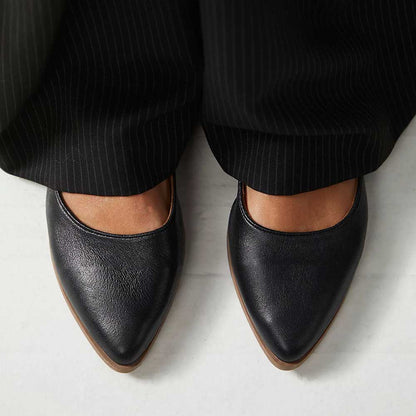 Black Vegan Leather Pointed Toe Button Strap Mary Jane Flats