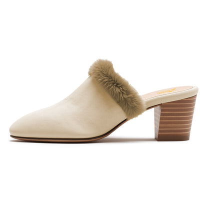 Beige Vegan Suede Closed-Toe Block Heel Faux Fur Trim Mules Shoes