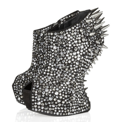 Black Keyhole Ankle Boots Rhinestone Rivets Wedge Platform Booties