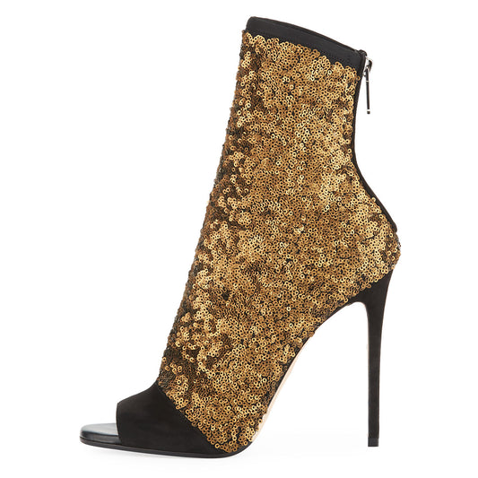 Black & Gold Peep Toe Booties Sequin Stiletto Heel Zipper Ankle Boots