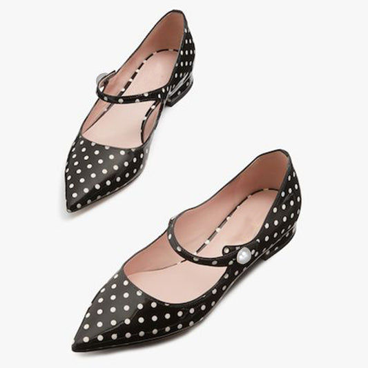 Black Pointed Toe Polka Dots Flats With Buckle Pearl Low Chunky Heels