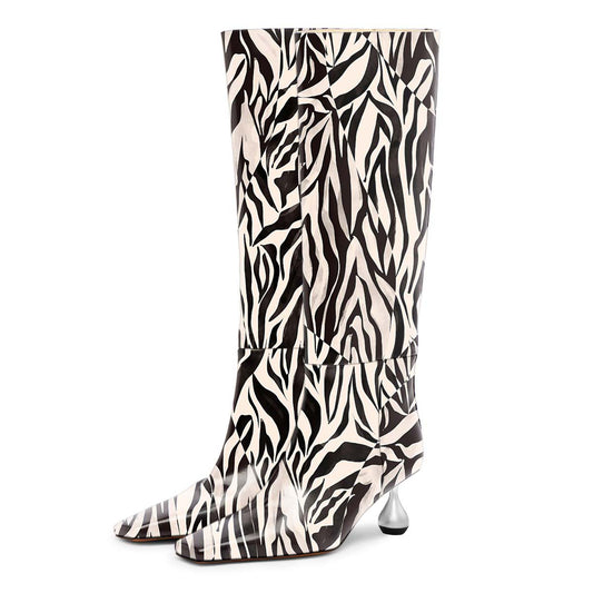 Beige and Black Zebra Print Knee High Boots with Decorative Heels