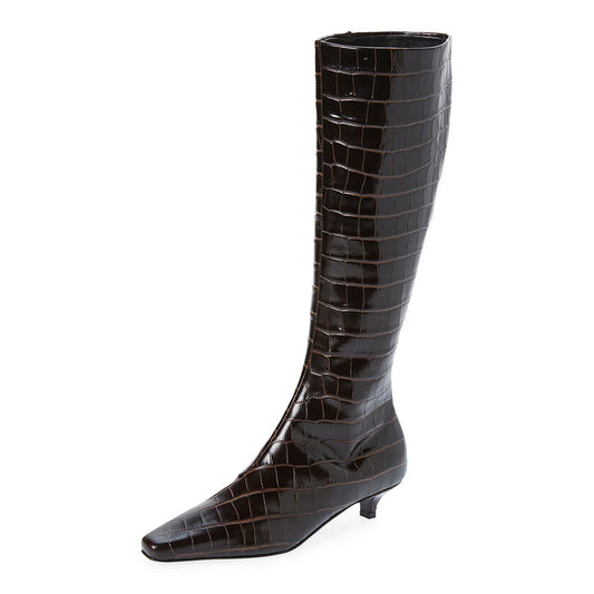 Dark Brown Kitten Heel Square Toe Croc Embossed Knee High Boots