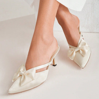 White Satin Closed Pointed Toe Bow Mules With Kitten Heels