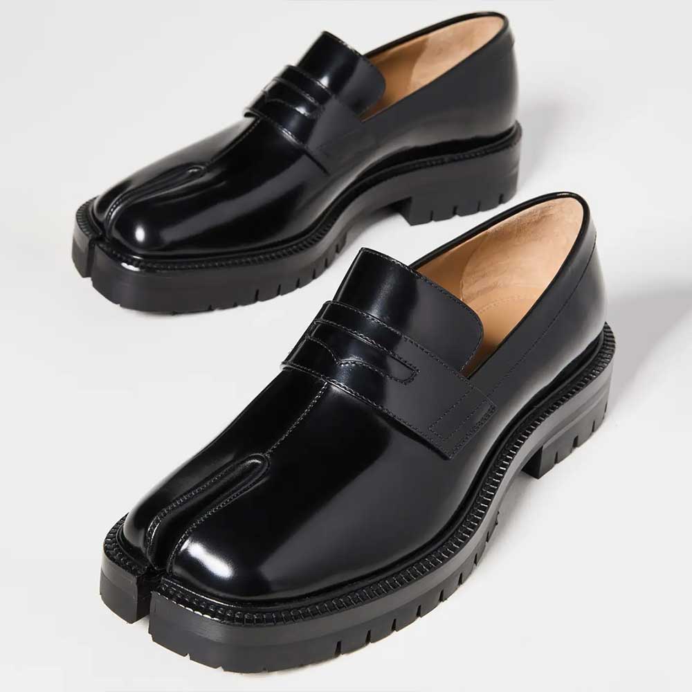 Black Signature Split Toe Vamp Strap Chunky Loafers for Women